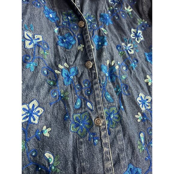 Coldwater Creek Women’s Denim Button Up Embroidered cabincore Boho Western Shirt - Picture 6 of 7